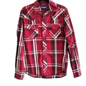 Wrangler Men Medium Red Black Plaid Pearl Snap Button Front Long Sleeve Shirt